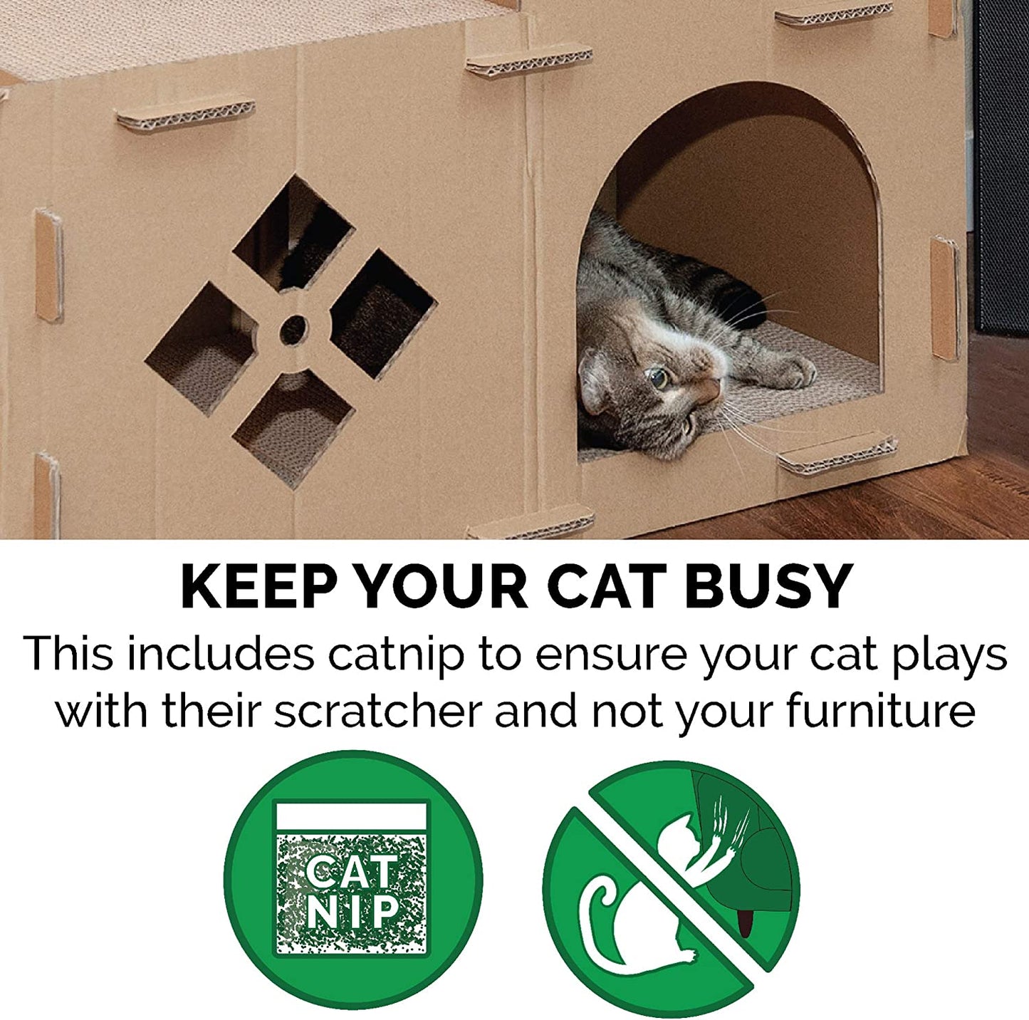 Multi-Level Cardboard Cat House W/ Catnip for Indoor Cats, Ft. Scratching Pads & Toys - Townhouse Corrugated Cat Scratcher Hideout - Cardboard Brown, One Size