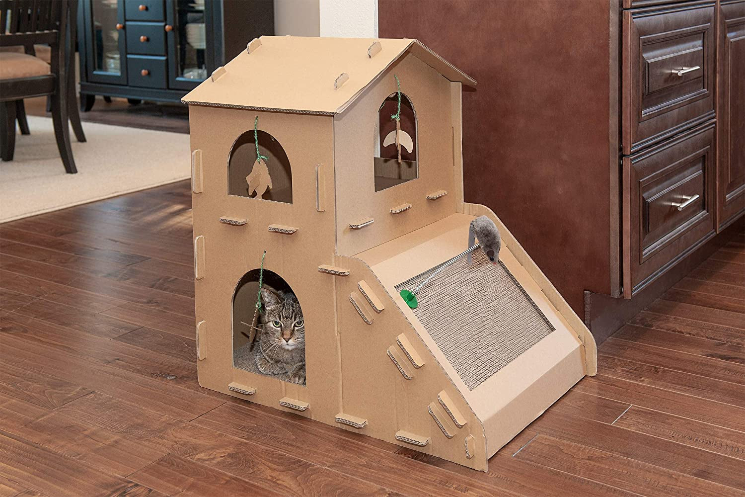 Multi-Level Cardboard Cat House W/ Catnip for Indoor Cats, Ft. Scratching Pads & Toys - Townhouse Corrugated Cat Scratcher Hideout - Cardboard Brown, One Size