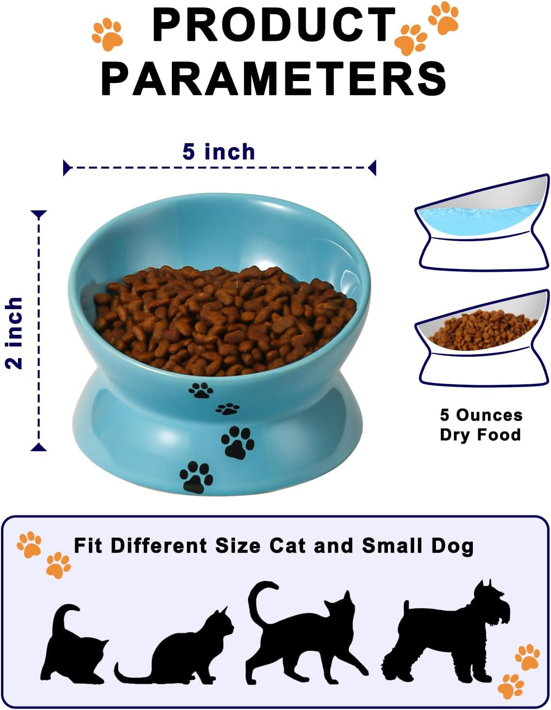 Elevated Cat Food Bowl, Ceramic Raised Cat Bowl, Tilt Angle Protect Cat'S Spine, anti Vomiting Cat Dish, Backflow Prevention, Lake Blue