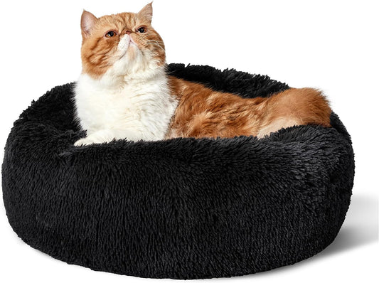 Calming Cat Beds for Indoor Cats - Small Cat Bed Washable 20 Inches, Anti-Slip round Fluffy Plush Faux Fur Pet Bed, Fits up to 15 Lbs Pets, Black